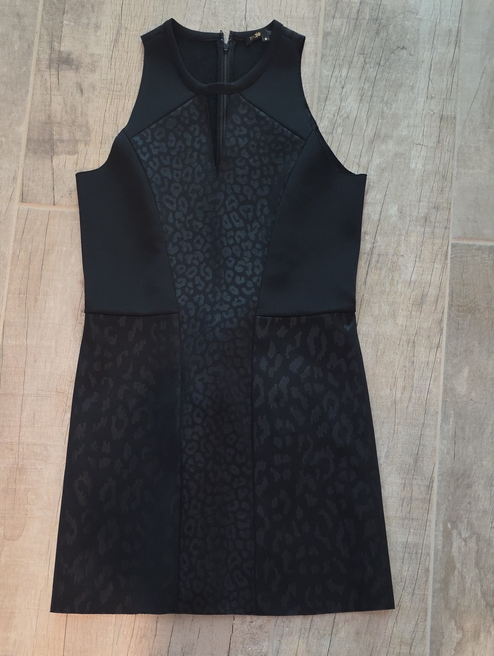 Maje Sleeveless Black Leopard-Panel Scuba Dress